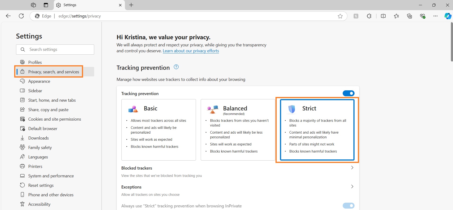 Stop tracking cookies on Edge