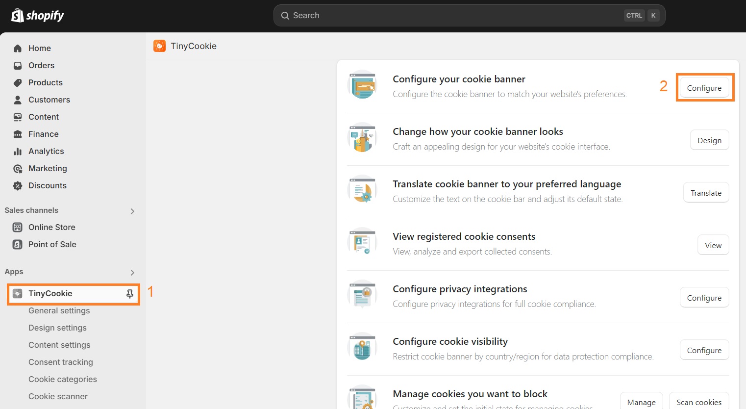 Configure cookie banner with TinyCookie by clicking the Configure button