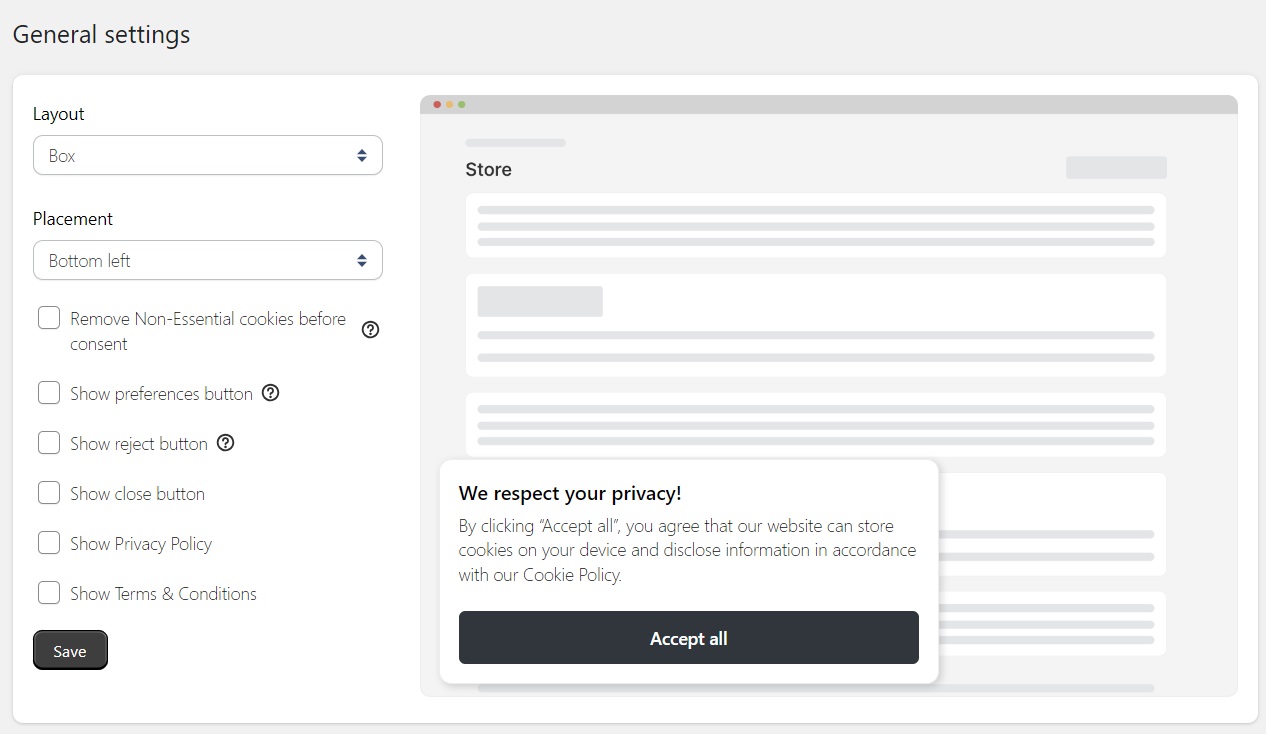 Change layout and placement of your cookie banner in TinyCookie