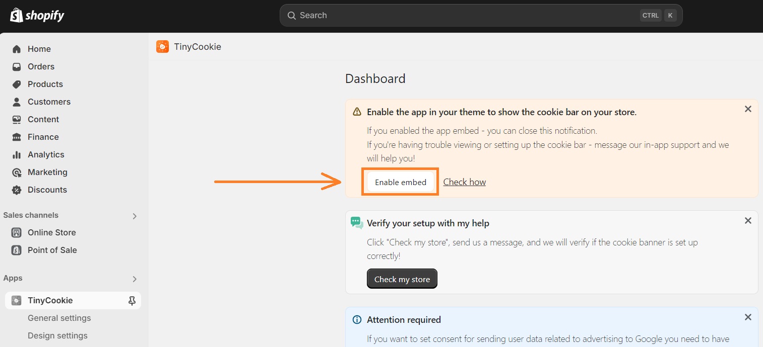 Enable app embed of TinyCookie on Shopify