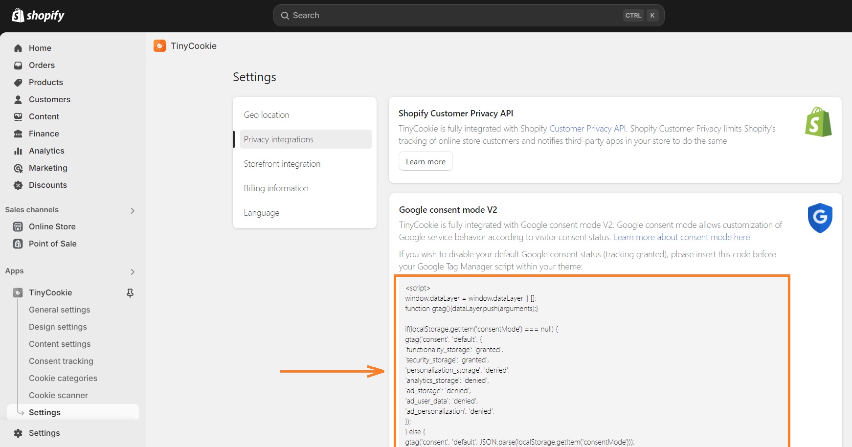 Copy TinyCookie Consent Mode V2 code