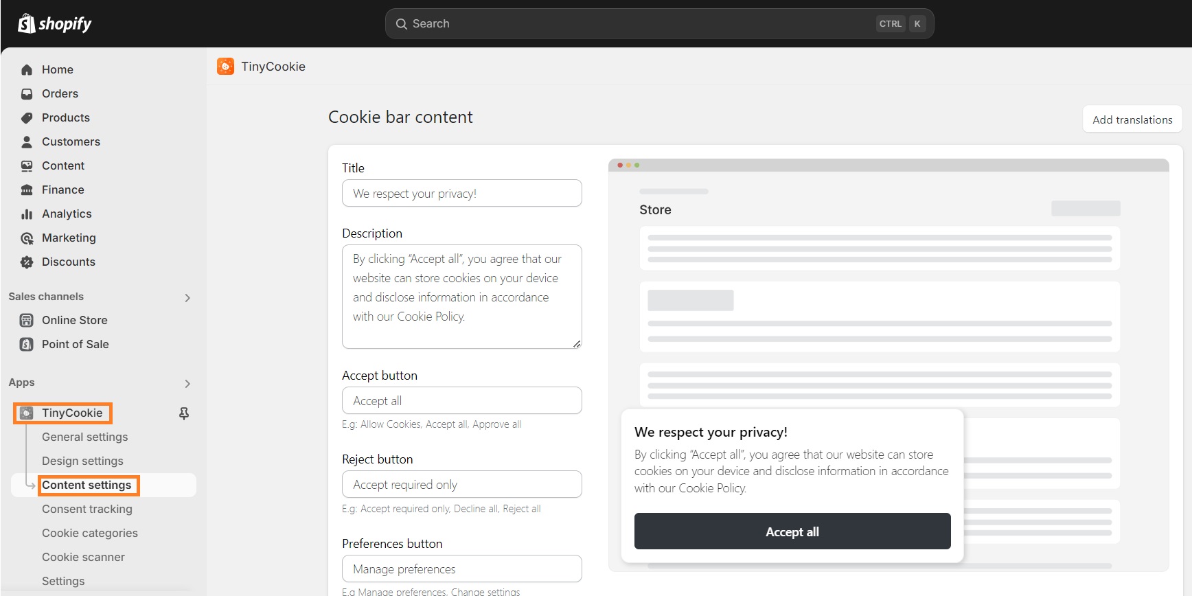 Customize cookie consent banner text on TinyCookie