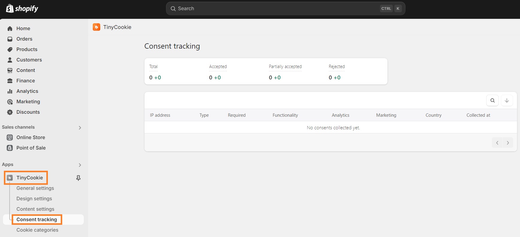 Cookie consent tracking on TinyCookie app