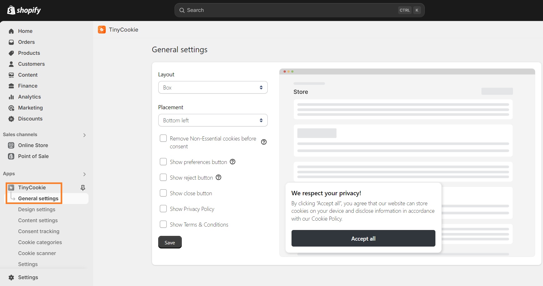 Edit cookie consent banner layout and placement on TinyCookie