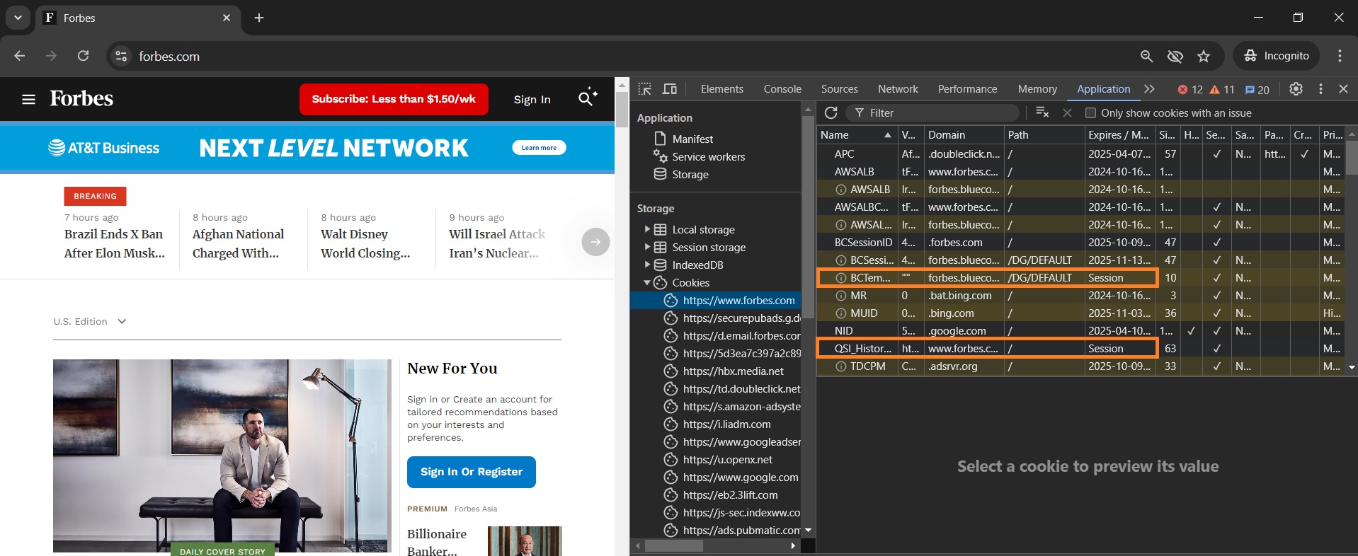 Session cookie examples on Forbes