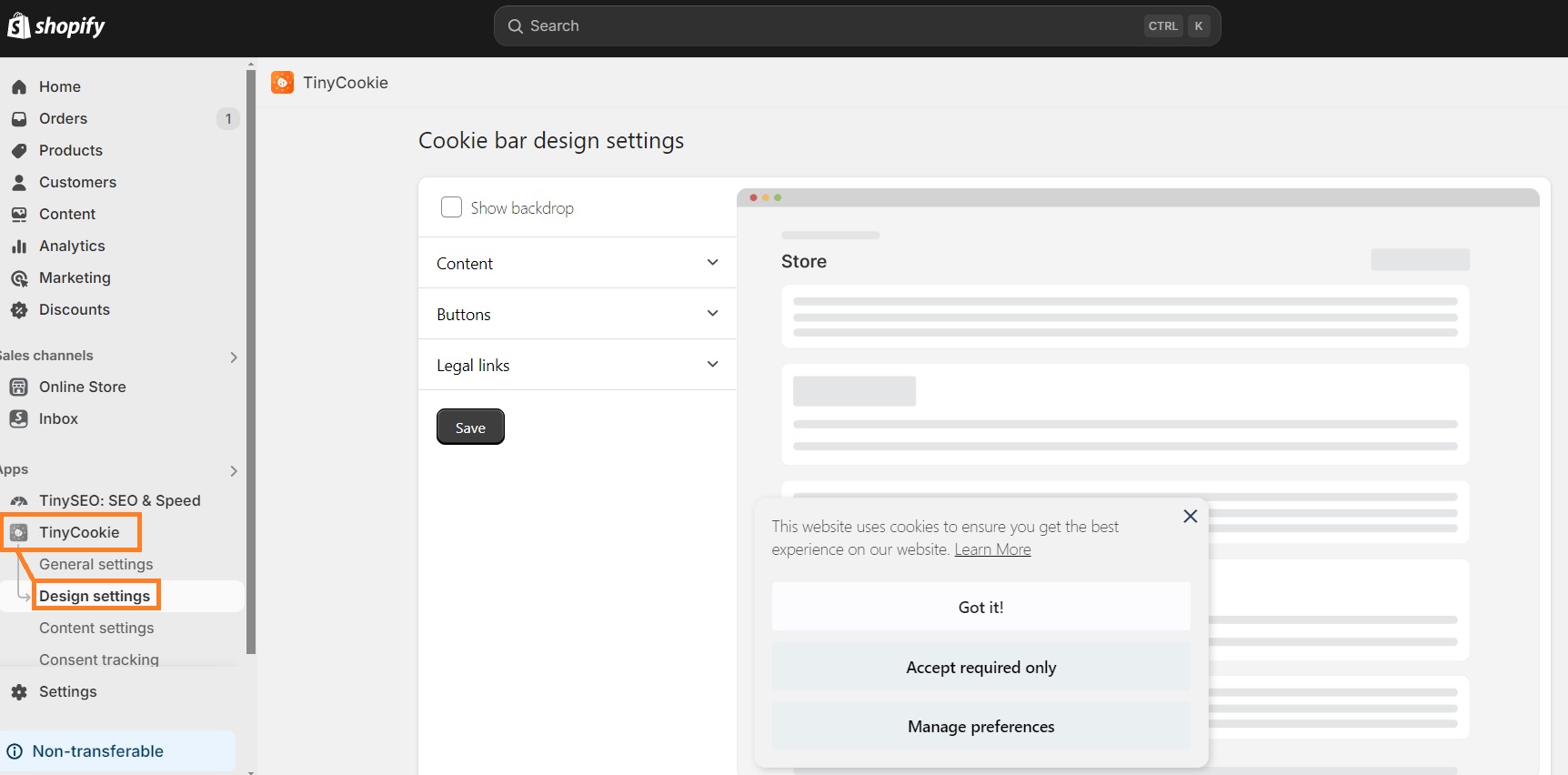 Edit cookie bar design settings in TinyCookie