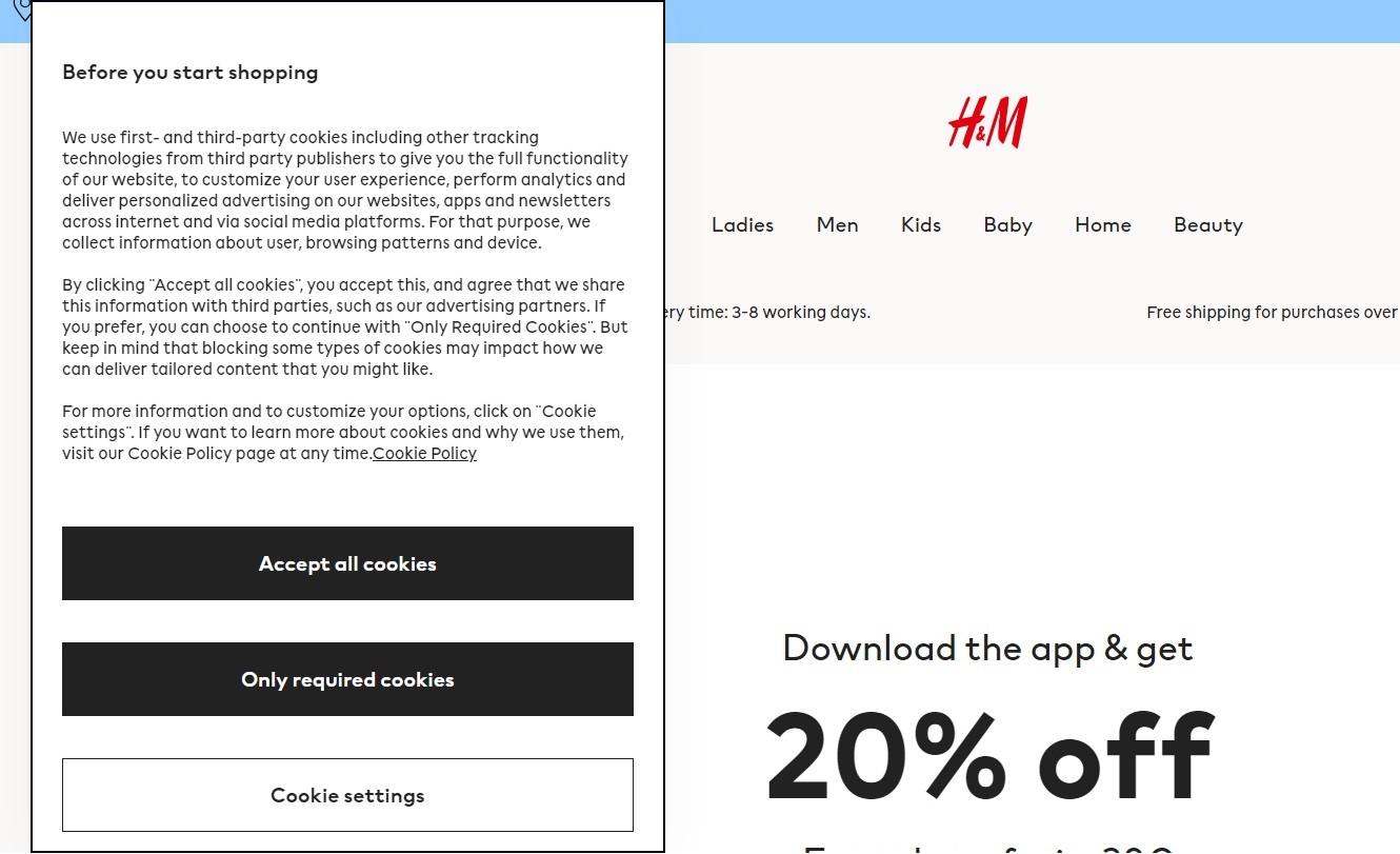 Footer cookie banner example