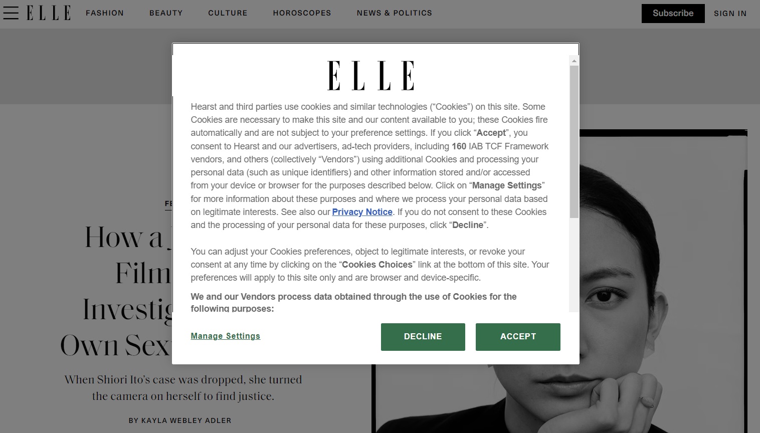 Cookie consent popup example