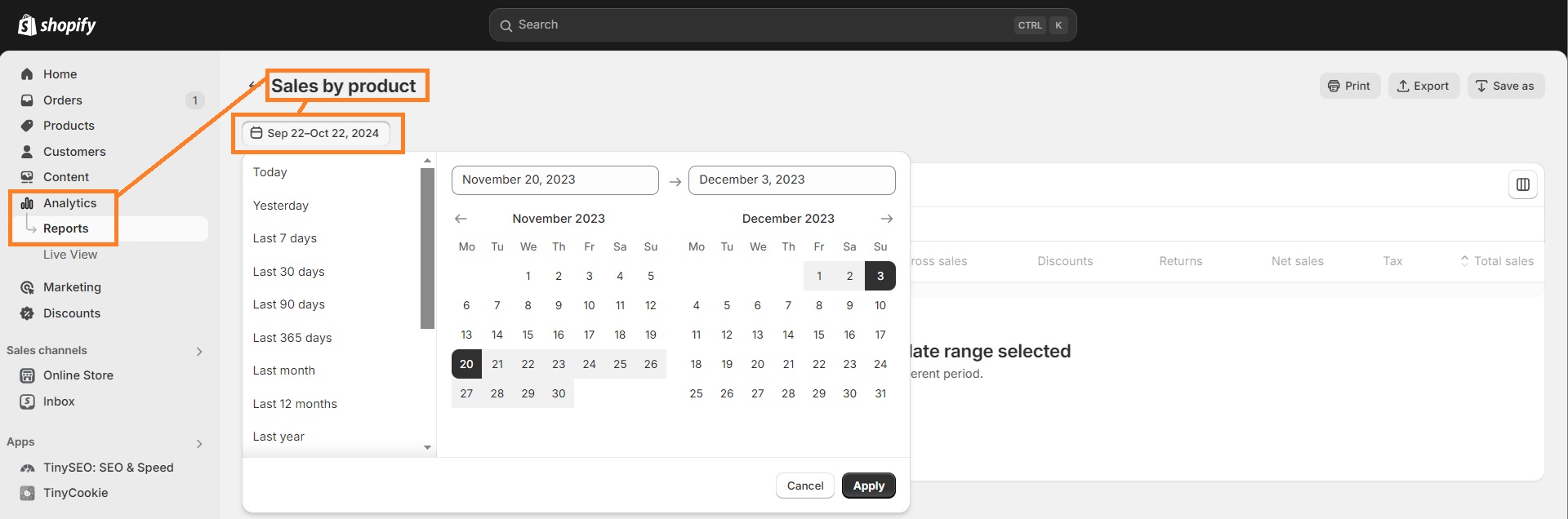 Sales by product report on Shopify