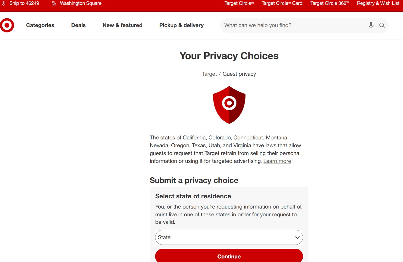 Do not sell page example on Target website