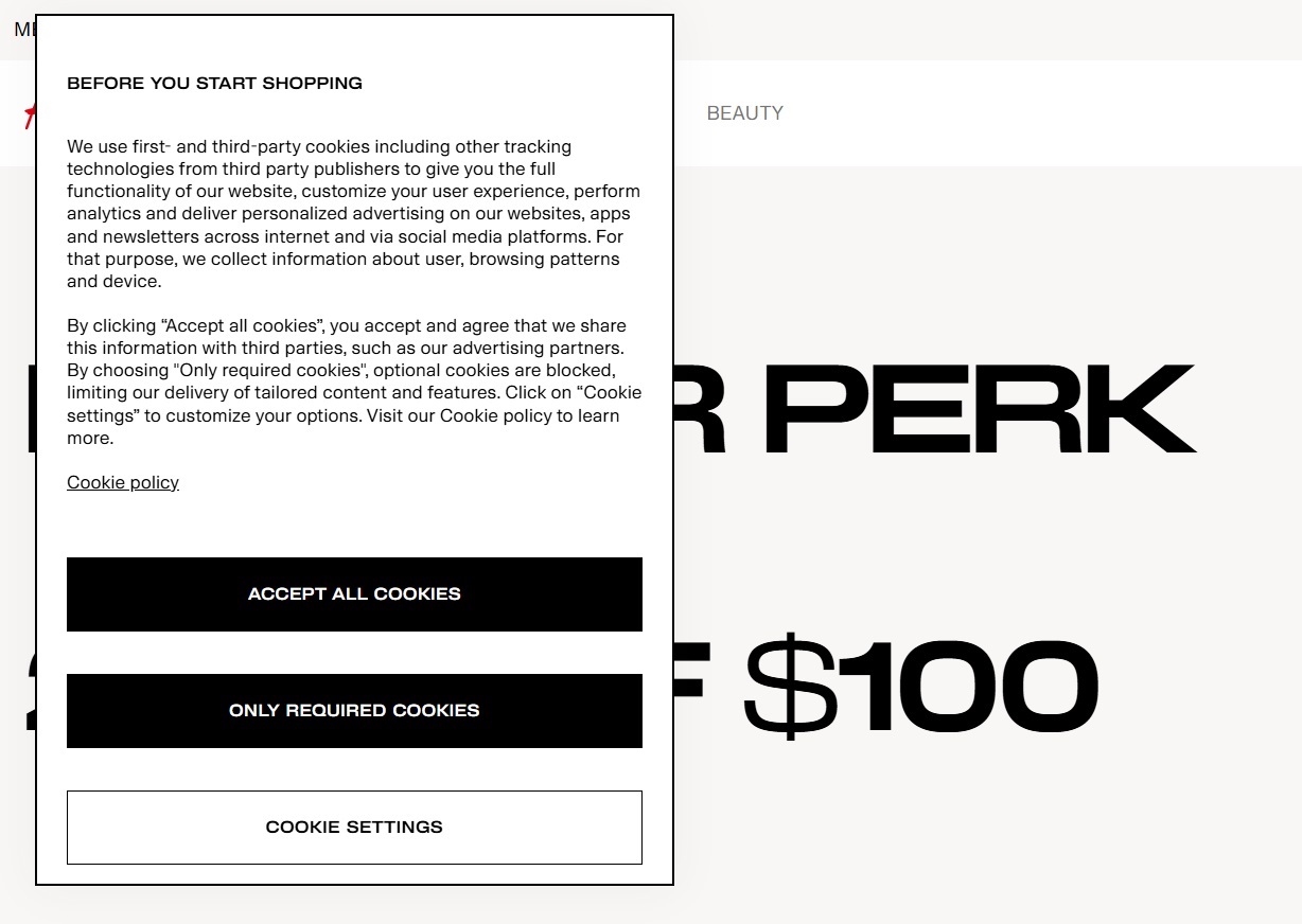 H&M cookie consent example