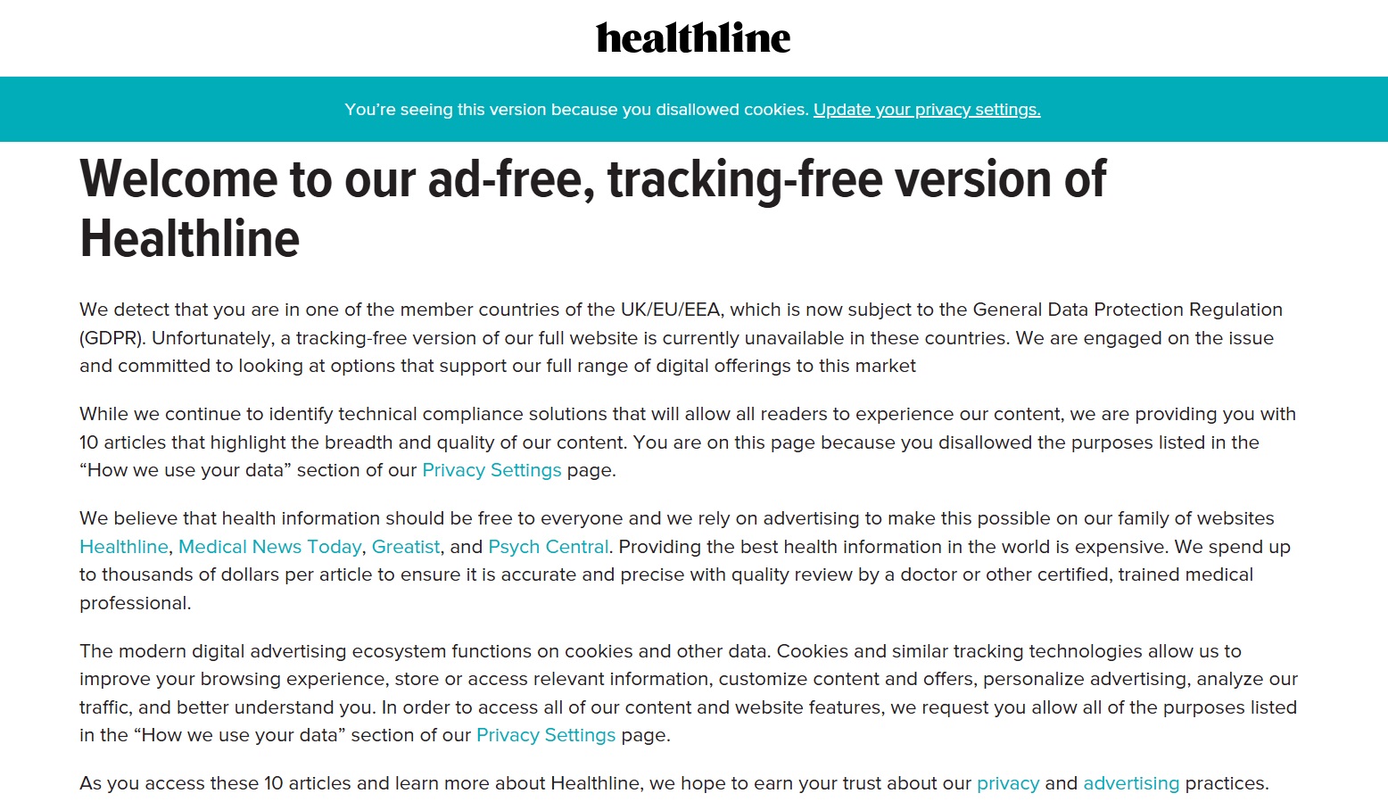 Cookie wall example on Healthline