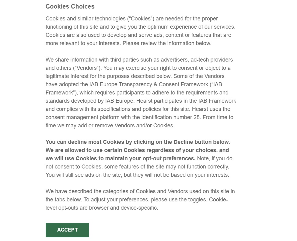 Elle cookie notice example