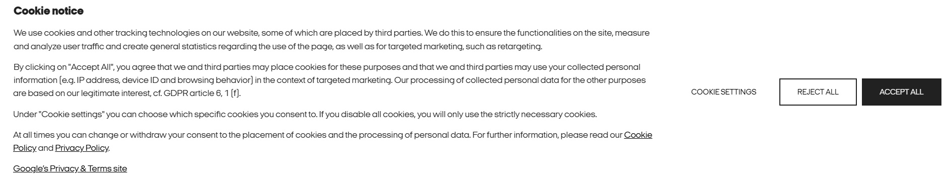 Jack&Jones cookie notice example