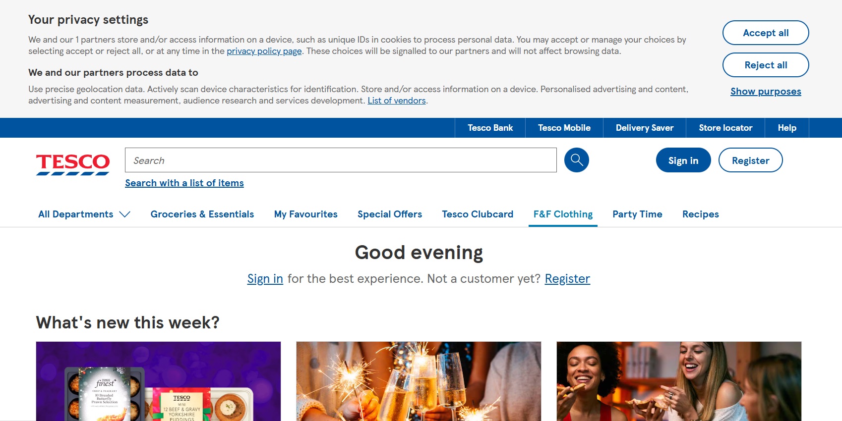 Tesco cookie banner example