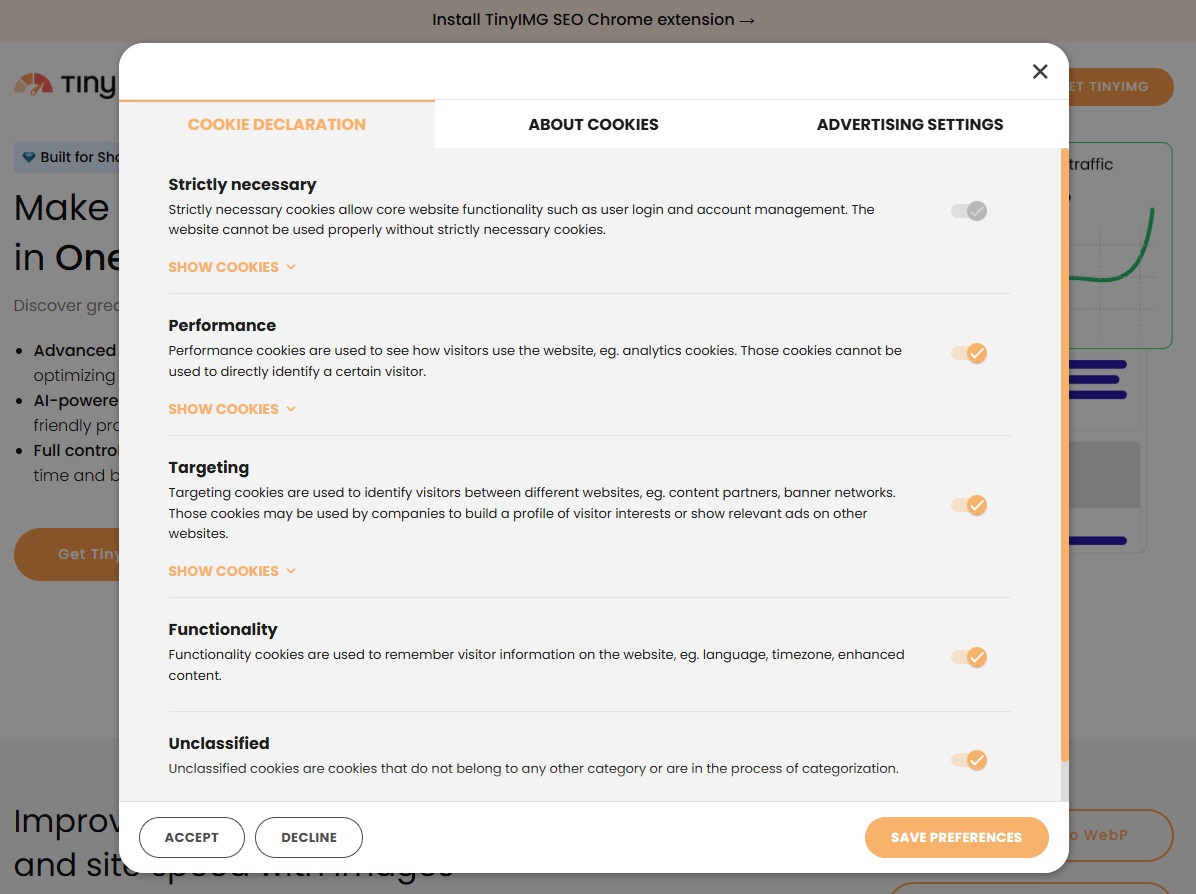 TinyIMG cookie management options