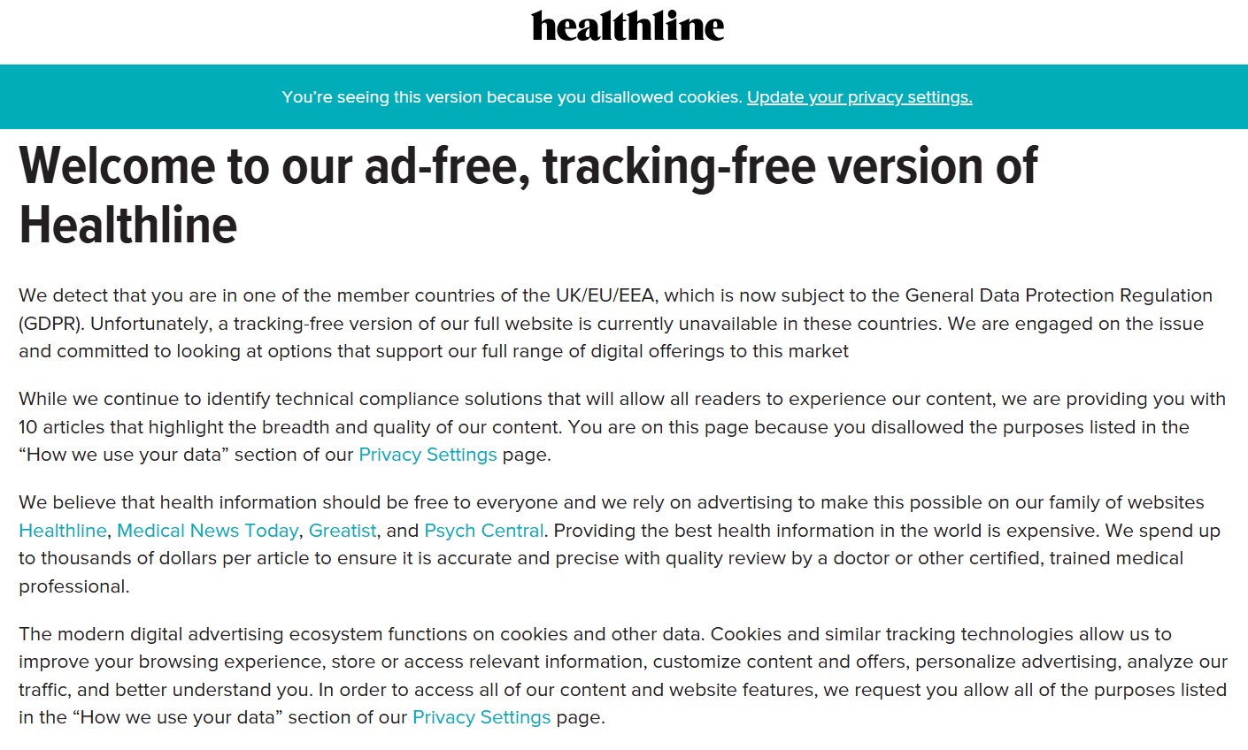 Healthline website cookie wall