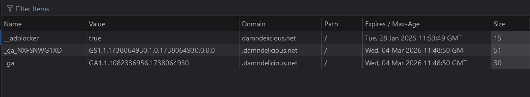 Firefox Website cookie table