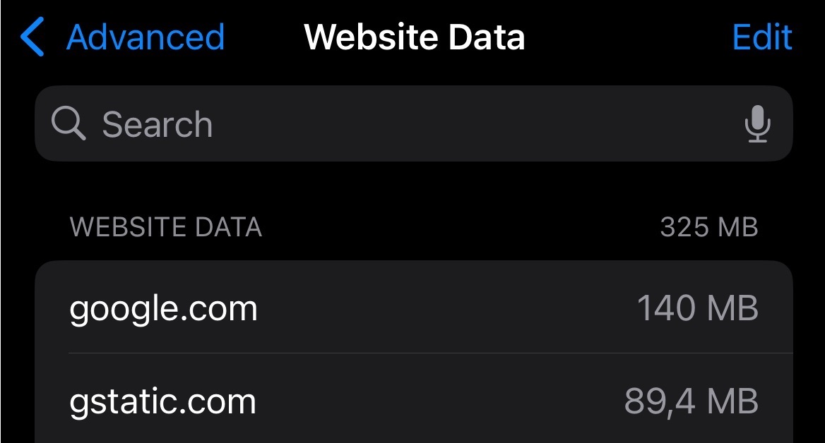 Manage iPhone Safari website data and cookies