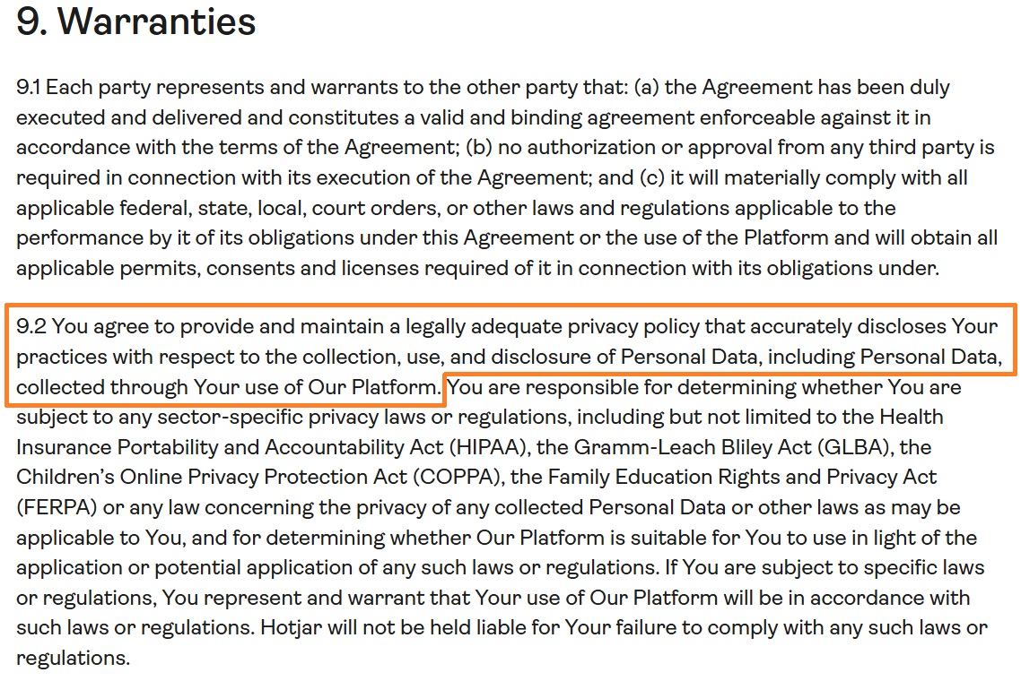Hotjar Terms of Service quote