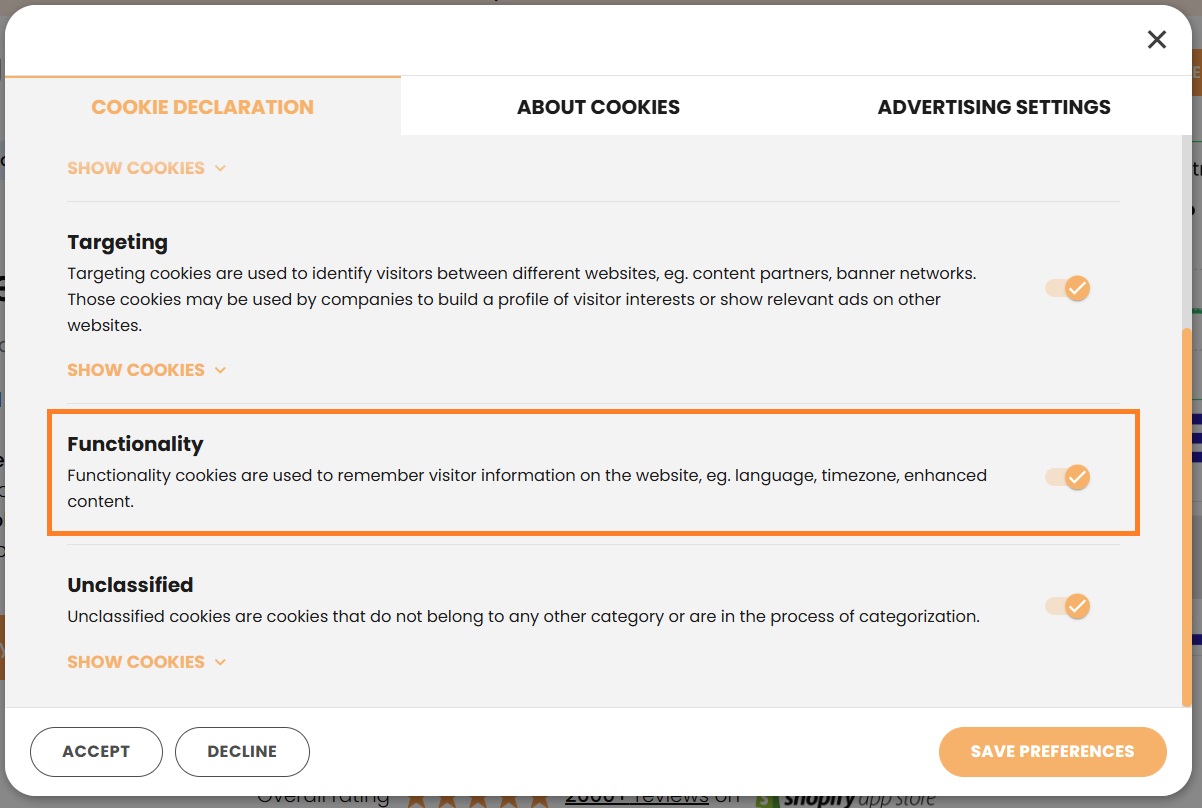 Functionality cookies on a banner