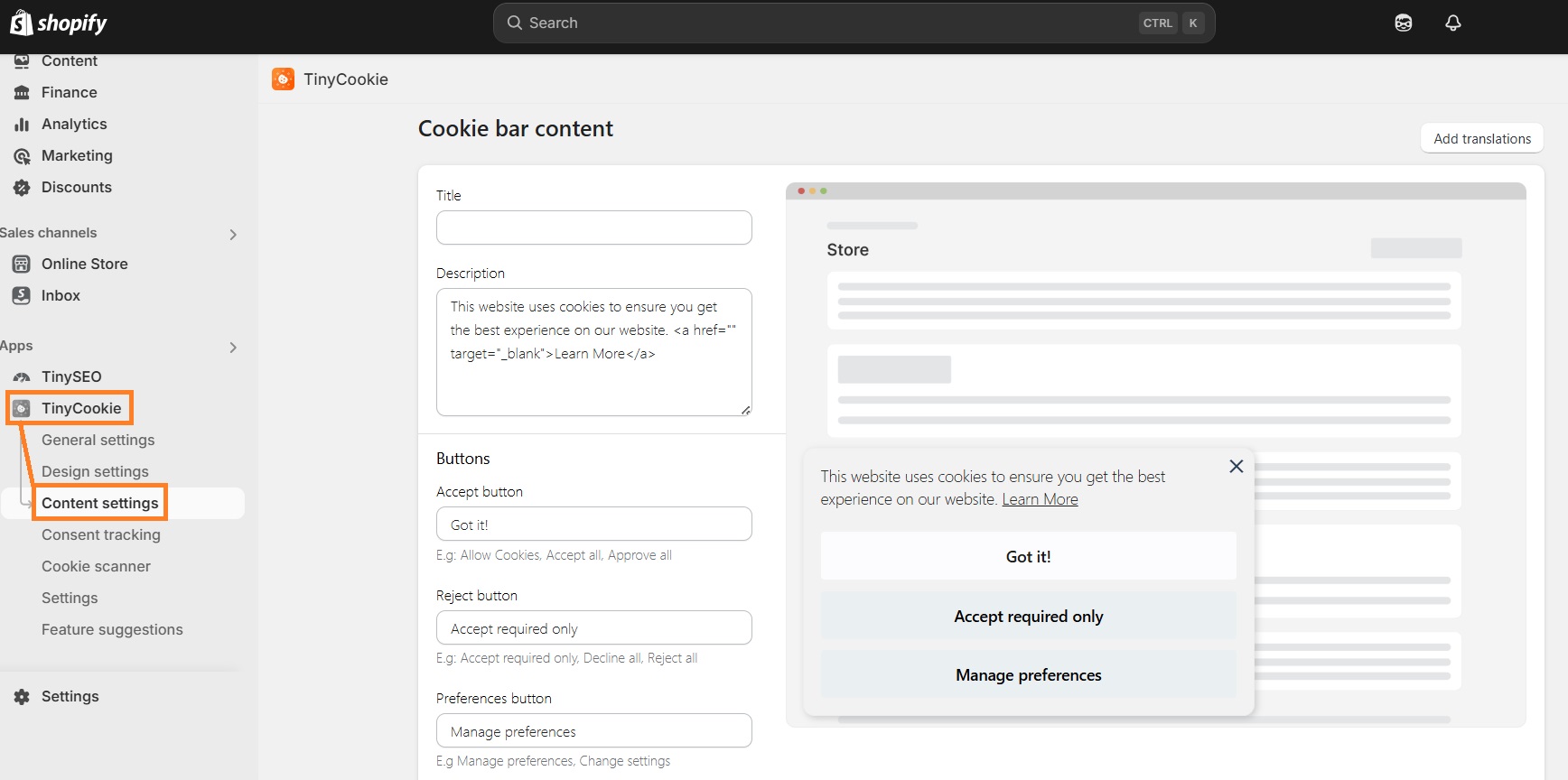 TinyCookie content settings
