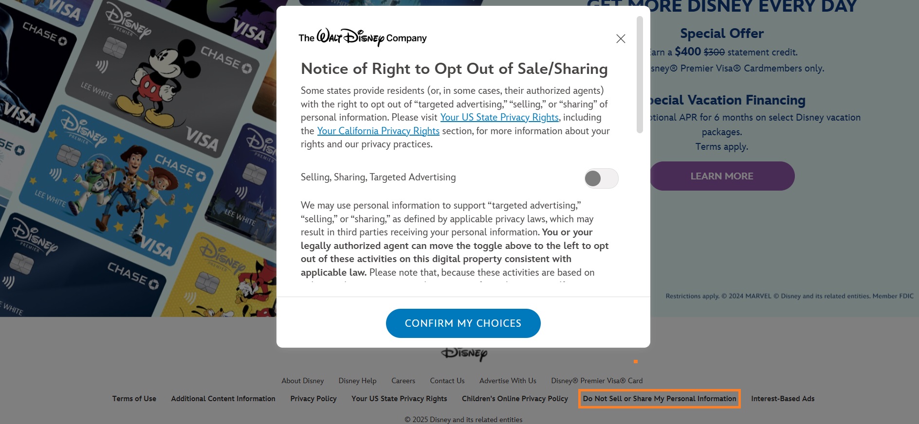Disney's Do not sell my personal information example