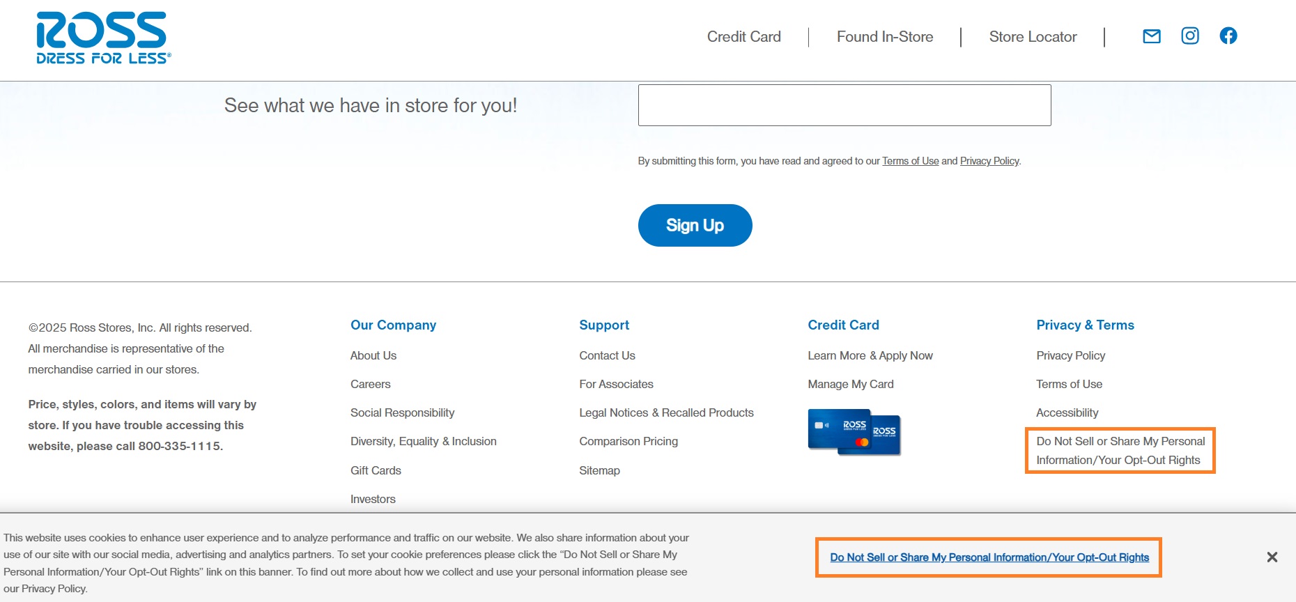 Cookie banner Do not sell link