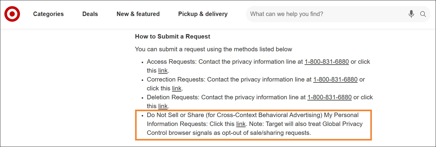Privacy policy do not sell link example