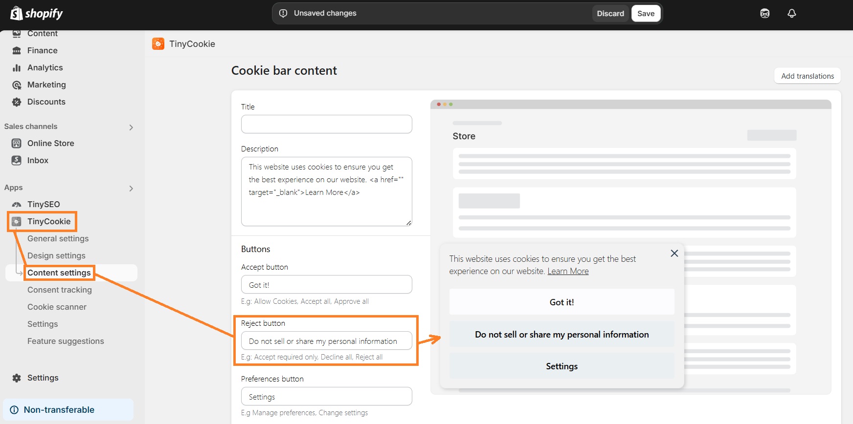 How to add do not sell link TinyCookie