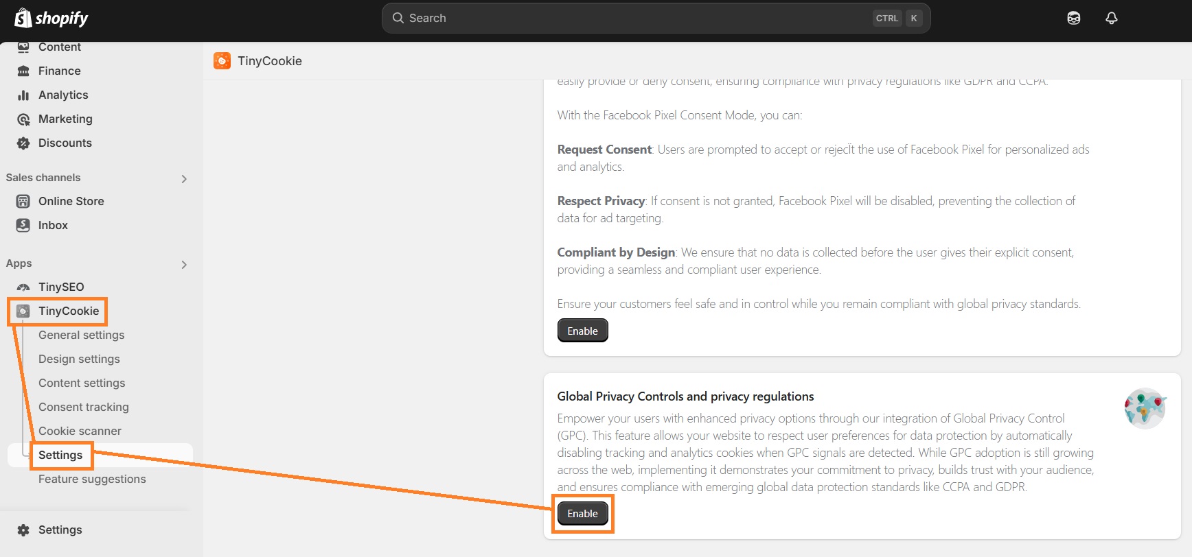 TinyCookie GPC control enabling