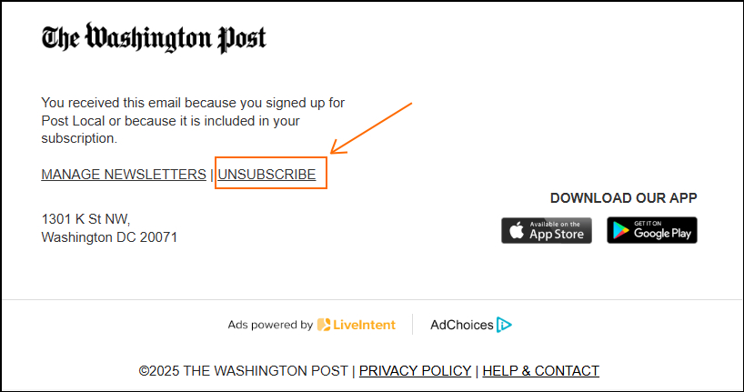 Email unsubscribing link example