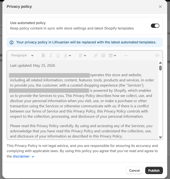 Shopify privacy policy generator