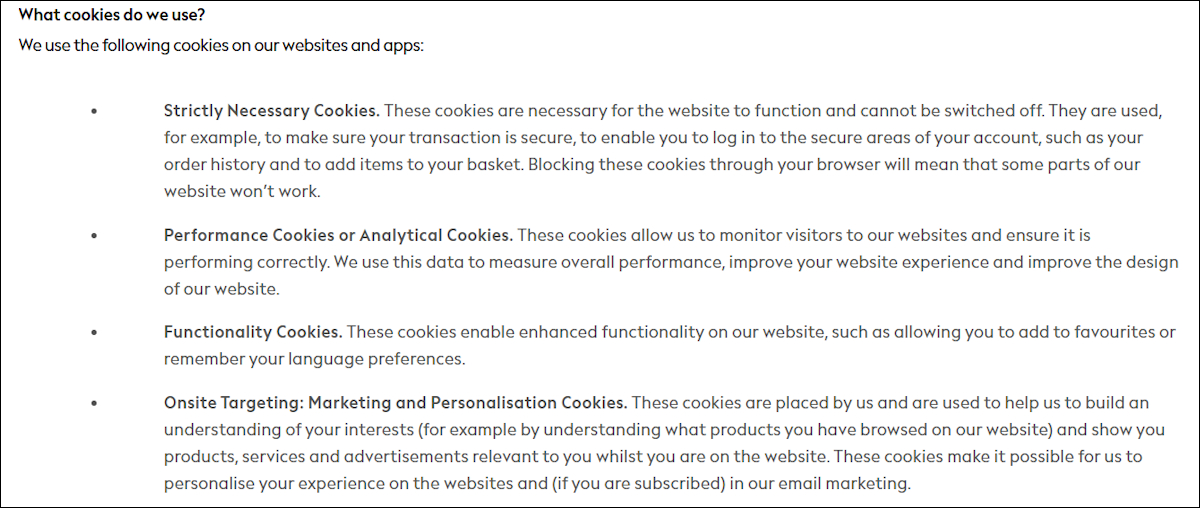 Cookie section in privacy policy example