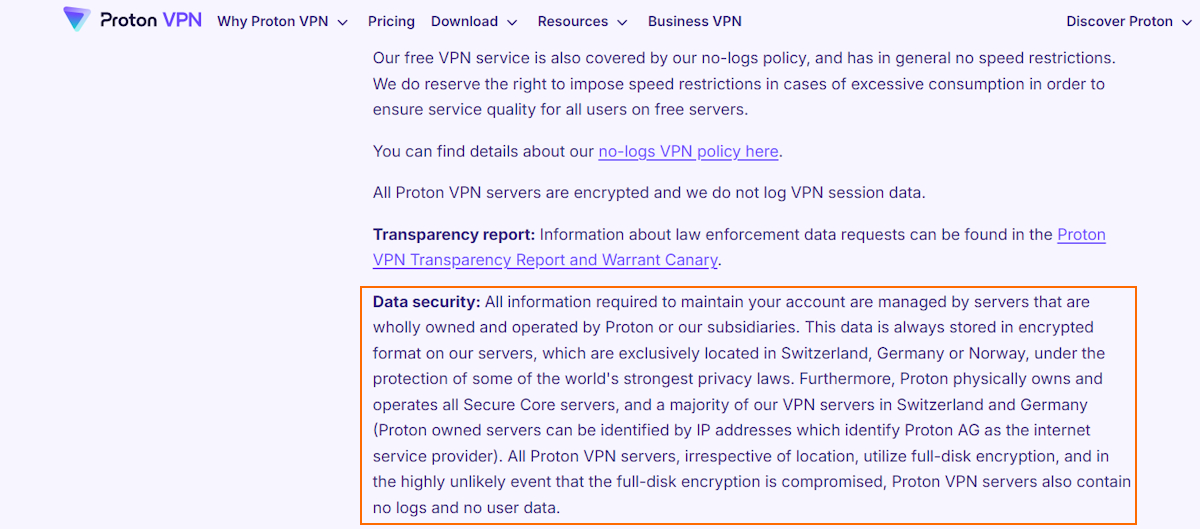 Proton VPN data security practice disclosure in privacy policy