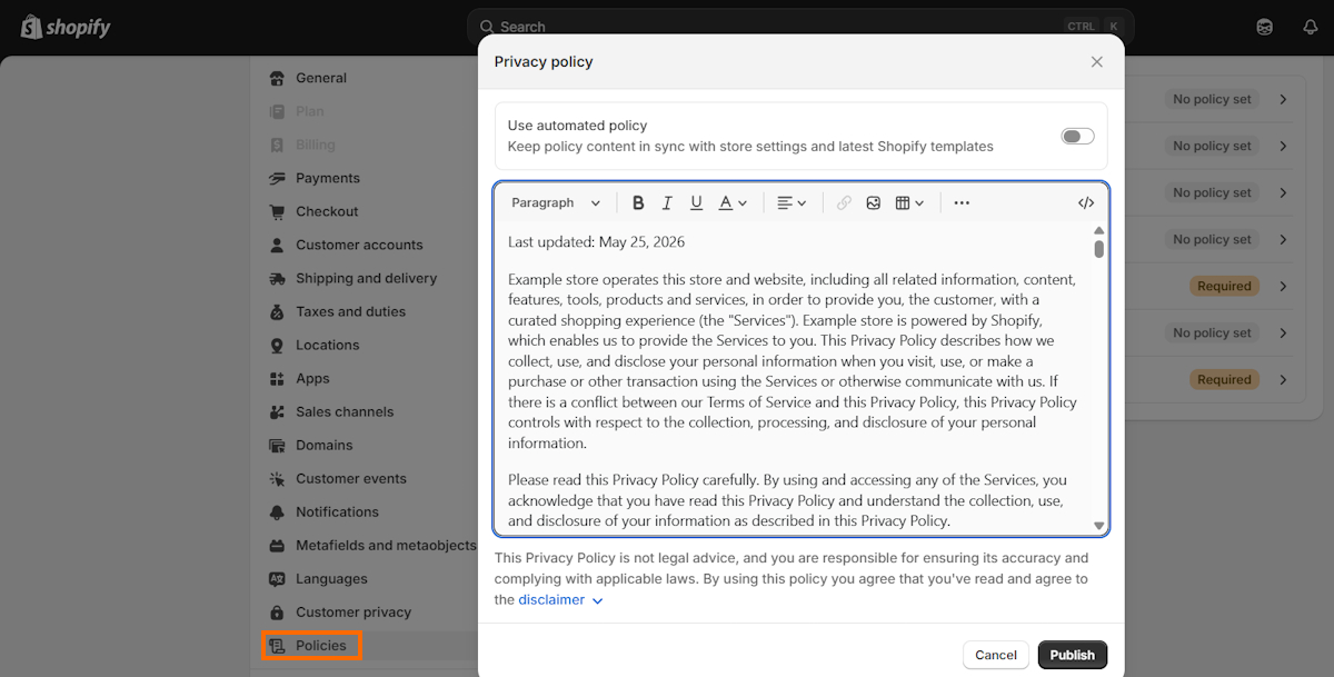 Add privacy policy in Shopify settings
