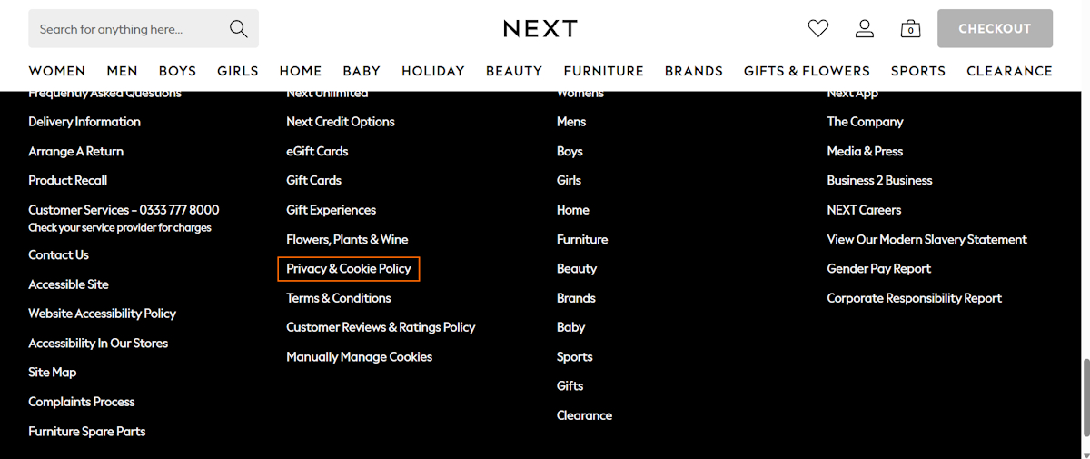 Privacy policy in website footer example