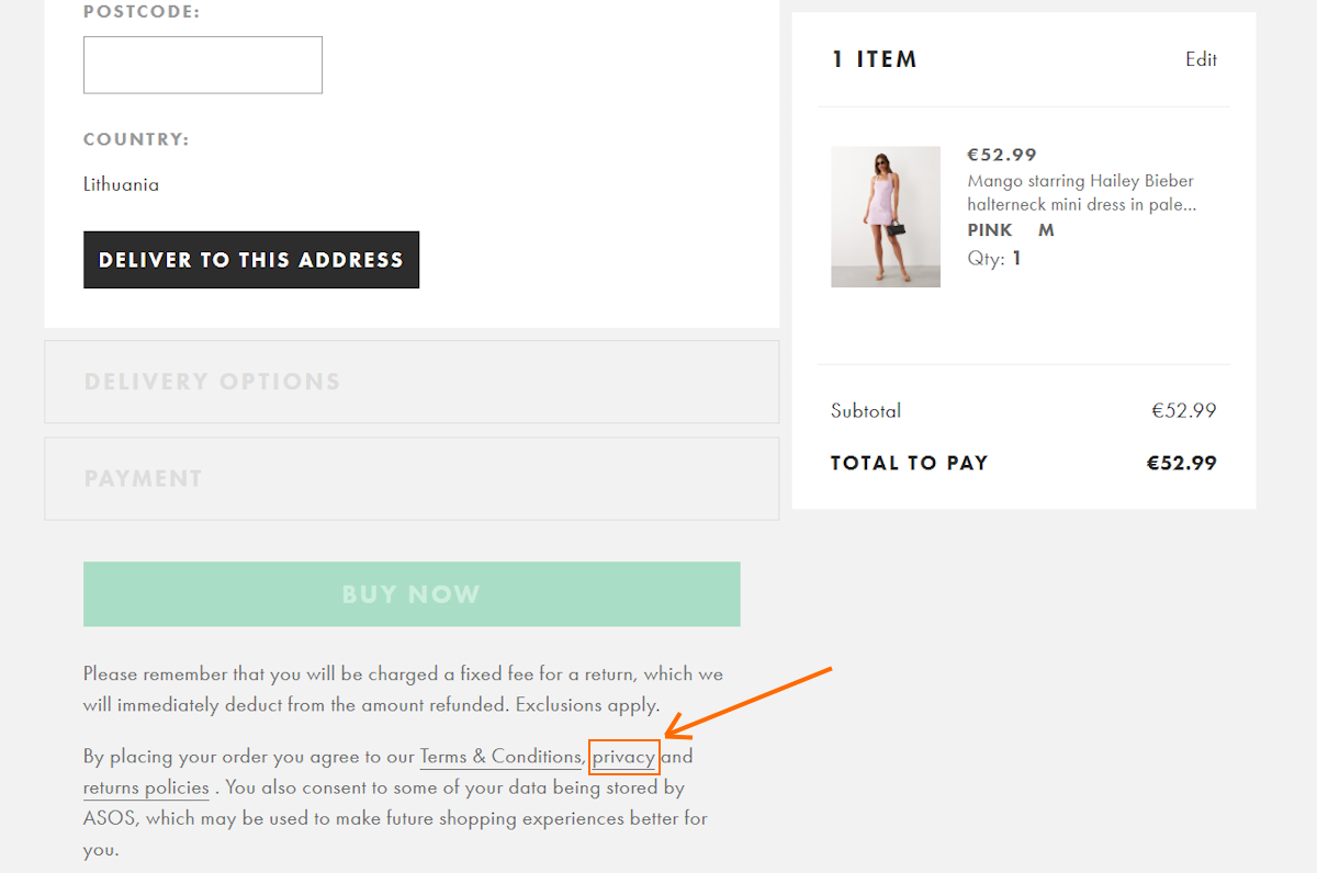 Privacy policy in checkout page example