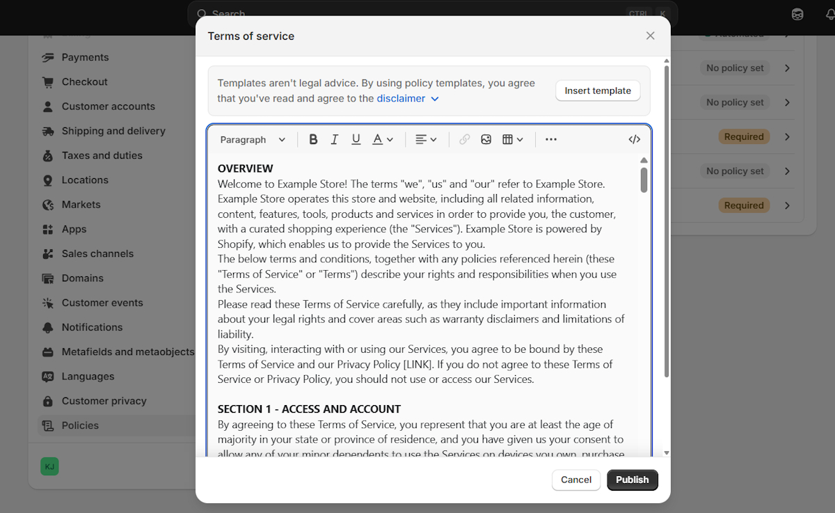 Shopify terms and conditions generator