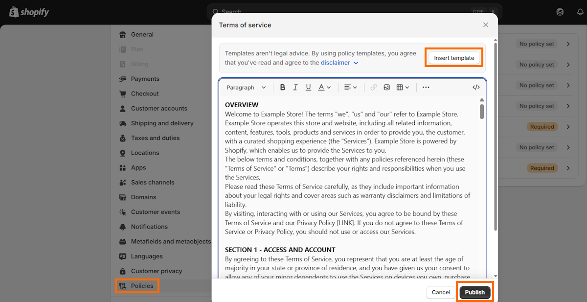 Create terms and conditions template