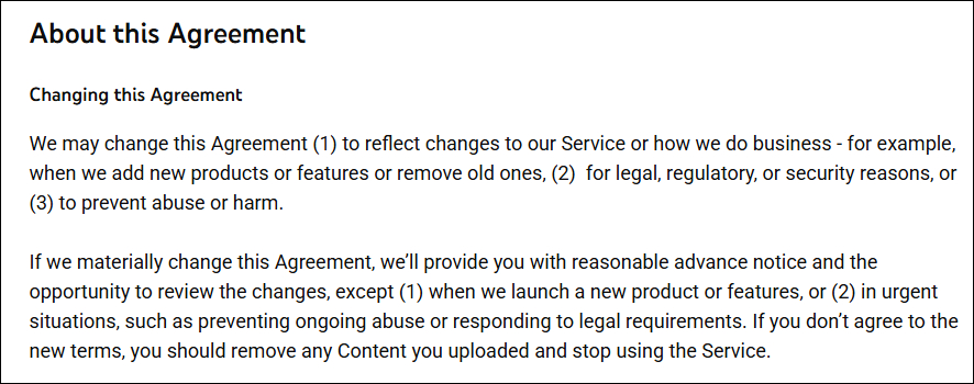 Terms and conditions changes to the agreement example