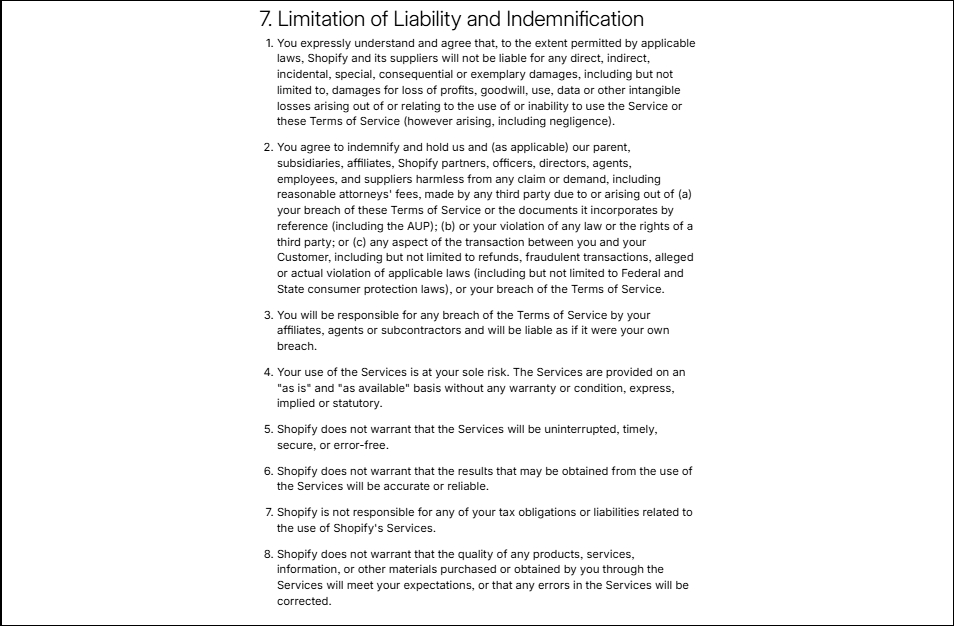 Terms and conditions limitation of liability