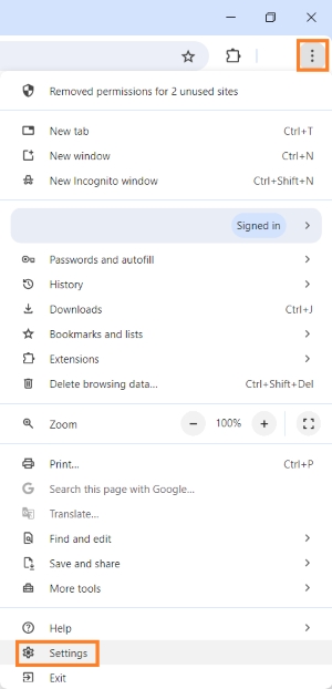 Access Google Chrome settings by opening the menu in the upper-right corner of the window