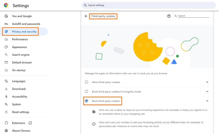 Block third-party cookies on Chrome by accessing the Privacy and security section in Settings