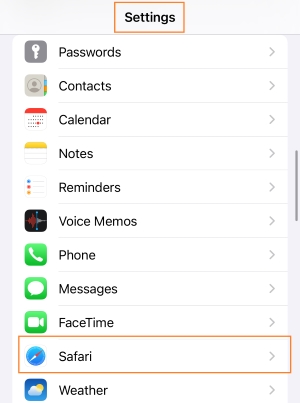 Access Safari settings in the device settings on iPhone