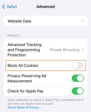 Toggle the "Block All Cookies" switch to enable or disable cookies on Safari