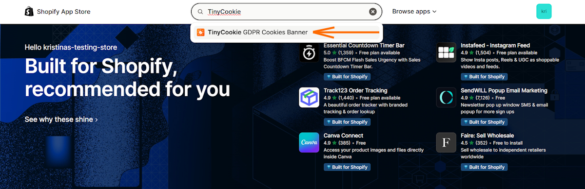 Find TinyCookie in the Shopify App store