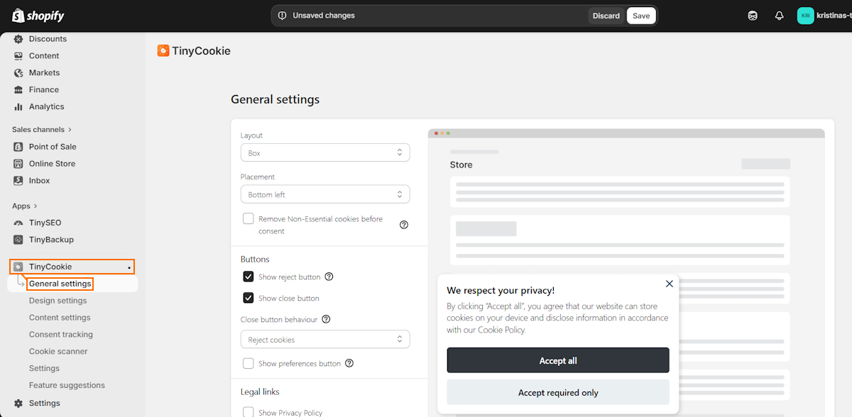 TinyCookie general settings