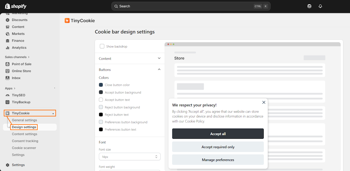 TinyCookie design settings