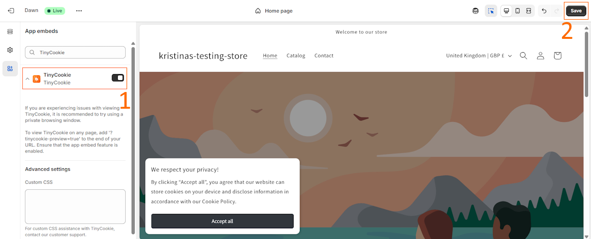 Enable TinyCookie app embed on Shopify